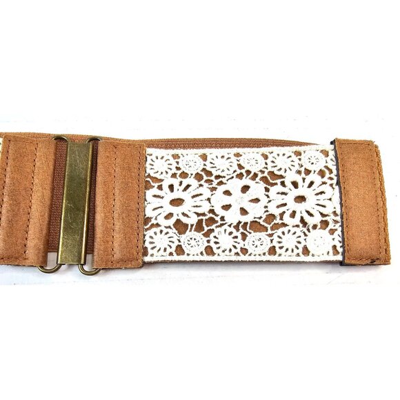 Vtg Stretch Wide Waist Belt With Crochet Lace Overlay & Metal Clasp Brown/White - Picture 3 of 5
